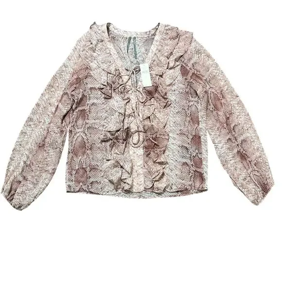 Anthropologie Women's Blouse XS Brown Ruffle Snakeskin Print - Picture 2 of 8